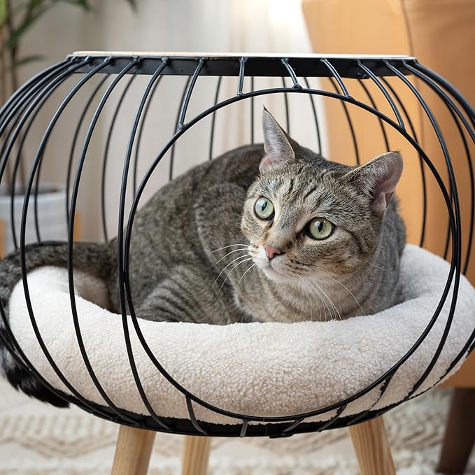 Kitty City Modern Cat Bed with Wooden Side Table, Elevated Indoor Cat Lounge Furniture with Removable Sherpa Cushion, Stylish Cat Bed for Home Décor
