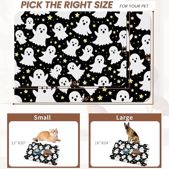 Halloween Pet Feeding Mat,Ghosts Absorbent Quick-Dry Cat Dog Food and Water Bowl Mats,Non-Slip Rubber Backing Mat,Cat Dog Accessories Supplies 16"x24"