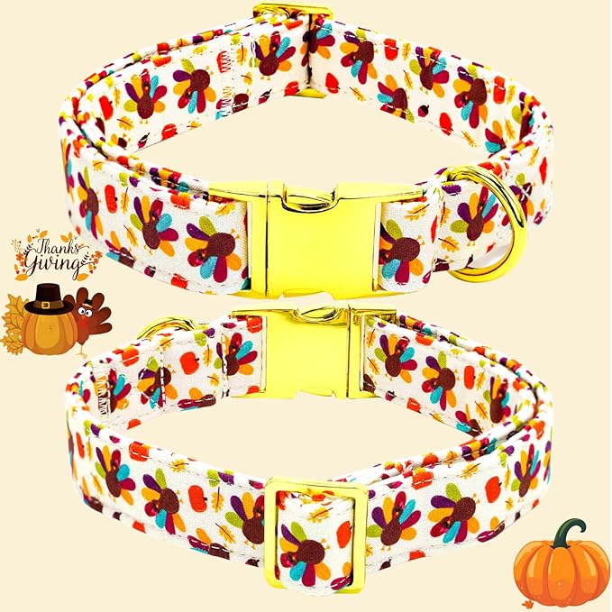 Thanksgiving Dog Collar, Turkey Dogs Collars Bow Tie Pet Collar Adjustable Pet Collars Premium Metal Buckle Autumn Leaf Necklace for Samll Dogs