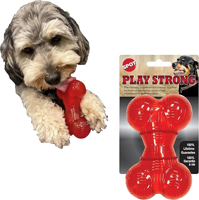 SPOT Play Strong Bone- Durable TPR Long Lasting Dog Chew for Aggressive Chewers, Hole for Treats, Virtually Indestructible Toy for Small and Medium Dogs & Puppies - 4.5 inch