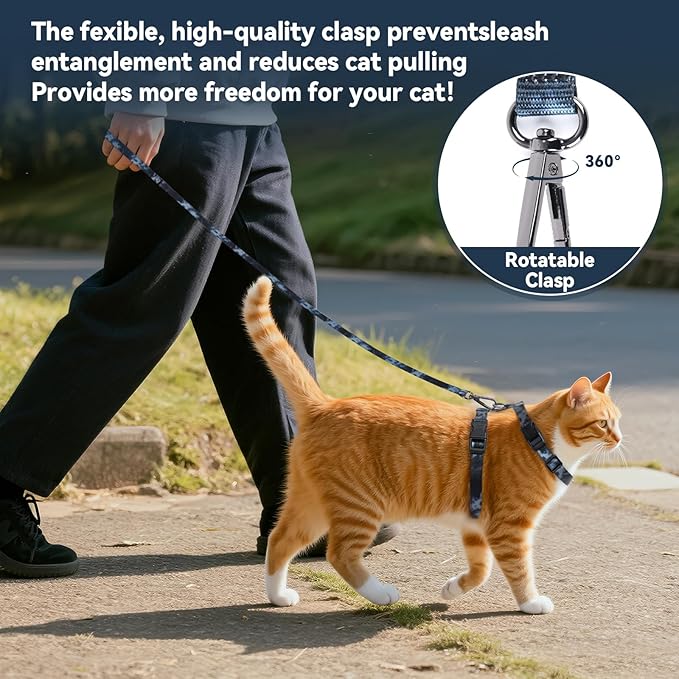 Cat Harness and Leash Set, 3-in-1 Escape Proof Adjustable, Comfortable Soft Lightweight, Safe, Easy to Wear, Walking Travel Kitten Harness for Small Medium Large Cats （Black