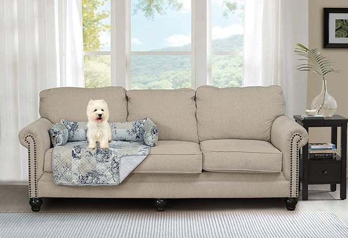 Brilliant Sunshine Quilted Calming Dog Bed Mat, Removable Washable Cover, Cushion Protector and Couch Covers for Dogs, Pets, Cats, Medium, Blue Beige Toile
