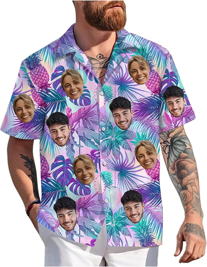 Custom Hawaiian Shirt with Face Photo Picture for Men Women Kids Youth Adult, Tropical Personalized Hawaiian Shirts Gift