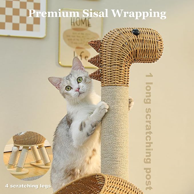 PAWZ Road Modern Cat Tree 46” Cat Dinosaur Tower with Scratching Post, Large Rattan Cats House in 18” Diameter, Wicker Cats Bed with Removable Mat