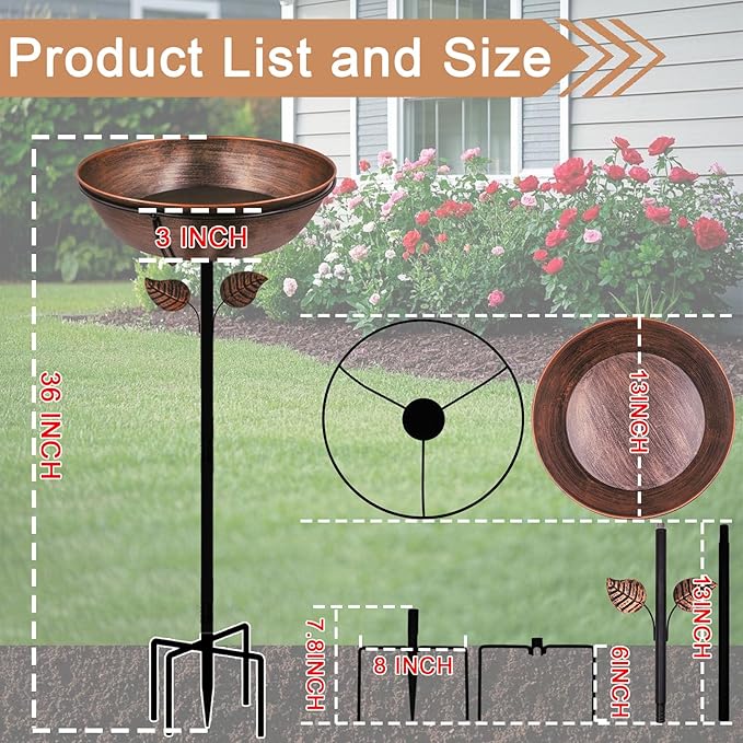 3" Deep Metal Bird Bath for Outdoors, Removable 13" Dia Bowl with Stable Upgrades Stake, Easy to Clean Birdbaths for Garden Yard Lawn Decor 1.4 Gallon