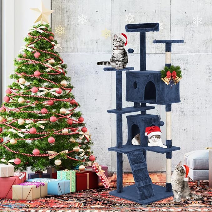 Heavy Duty Cat Tree Tower, 70" Tall Cat Tower for Indoor Cats with Cat Scratching Post with Bed, Cat Condo, Hanging Ball, Multi-Level Cat Climbing Tower Cat Trees Furniture Activity Center, Navy Blue
