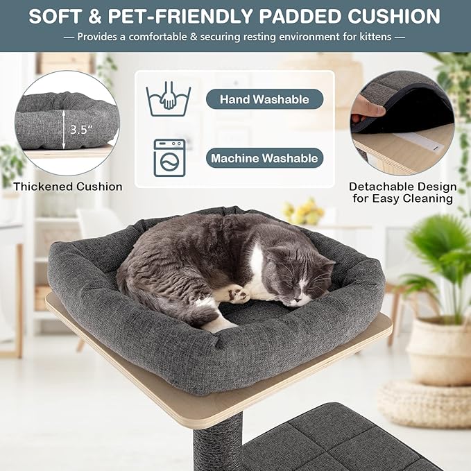 PETSITE 69-inch Tall Wooden Cat Tree Tower, Modern Cat Activity Center Tree with Sisal Scratching Posts & Board, Condo & Top Perch for Indoor Cats, Grey