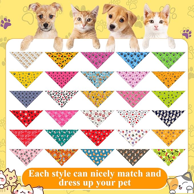 Sanwuta 120 Pcs Bandanas for Dogs Bulk Dog Bone and Paw Print Pattern Triangle Bandanas for Groomers Washable Pet Scarves Adjustable Bibs for Small and Medium Pets, 30 Styles