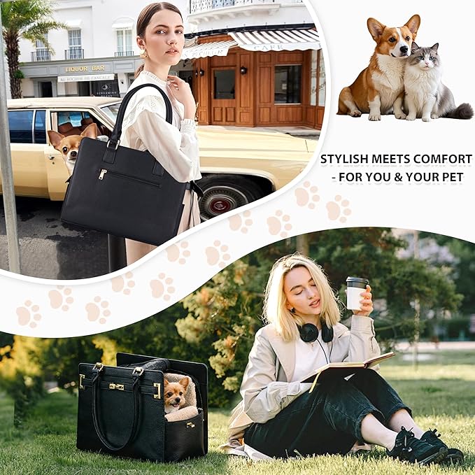 Dog Purse Carrier for Small Dogs, Stylish Foldable Pet Carrier Purse Tote Bag with Washable Cushion & Safety Leash, Airline Approved Puppy Travel Bag with Pockets (Black)