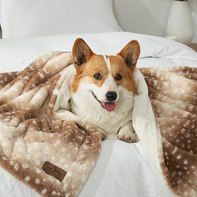 Waterproof Pet Blanket, Christmas Faux Fur Deer Print Blanket, Woman Sofa Bed Couch Throw, Liquid Pee Proof for Large Dog or Cat, Reversible, Washable, Ultra Soft, 40x60 inch, Brown