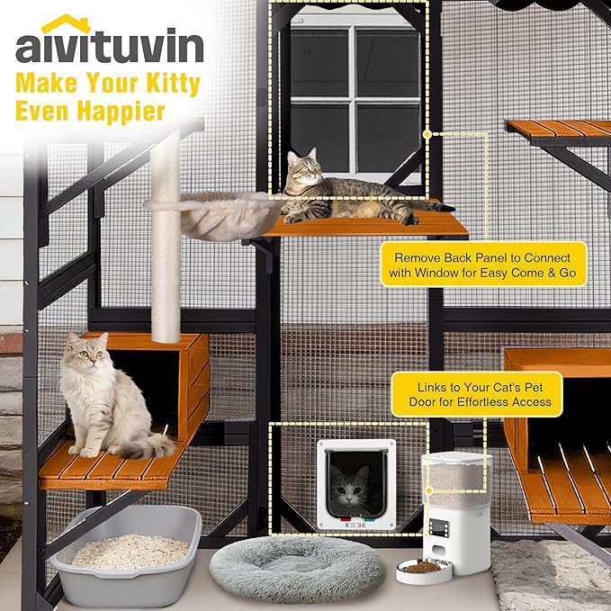 Aivituvin Catio Outdoor Cat Enclosure with Scratch Post, Hammock, Large Window Cat House for 2-6 Mulitiple Cats Walk in Kitty Cage with Tarp Roof 70" Black