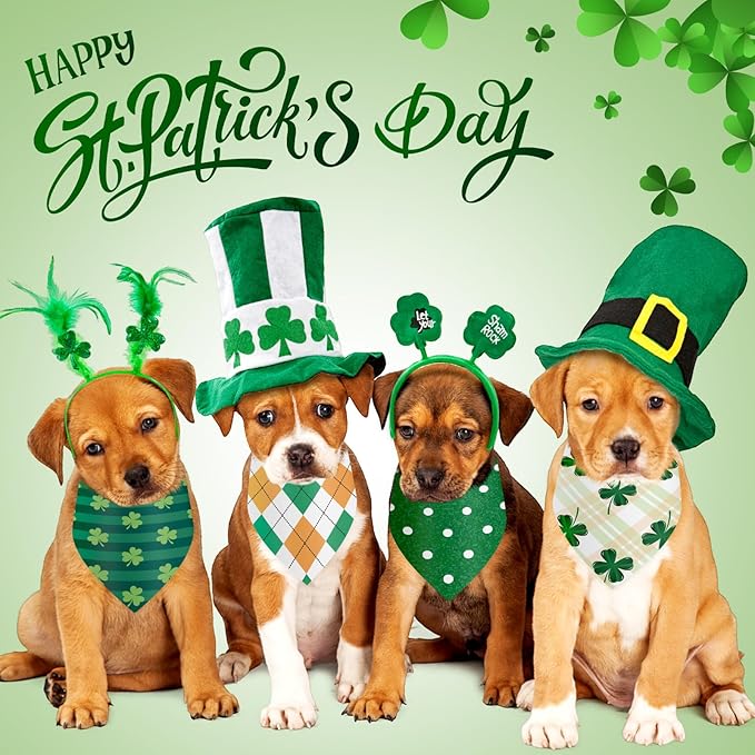 Weewooday 50 Pcs St Patricks Day Bandanas Bulk for Dogs Adjustable Irish Shamrocks Clover Green Plaid Triangle Soft Bibs Puppy Bandana for Small Medium Large Cat Pet Costume(25.6 x 17.7 x 17.7 Inch)