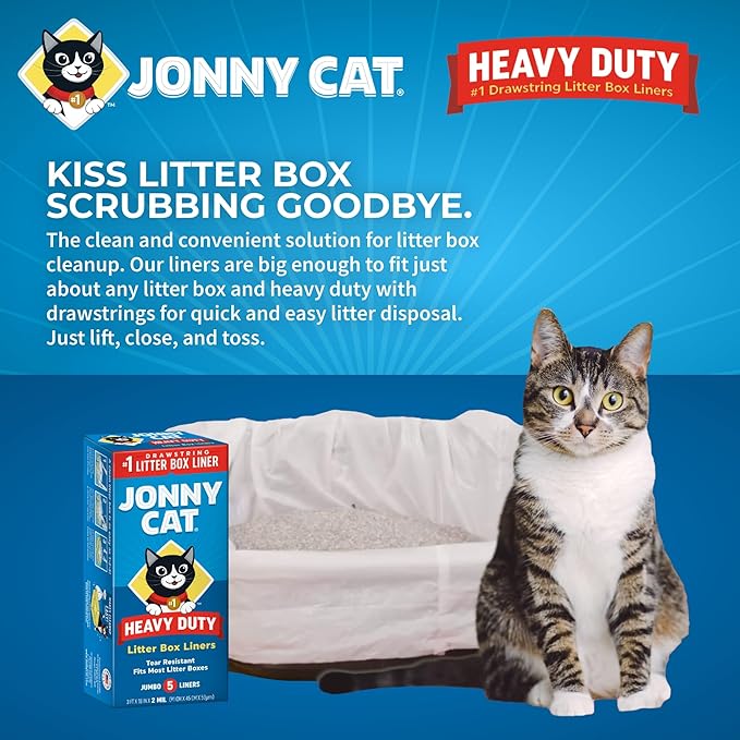 Jonny Cat Litter Box Liners: Heavy Duty - Tear & Leak Resistant - Drawstring Close - Jumbo,5 Count (Pack of 2)