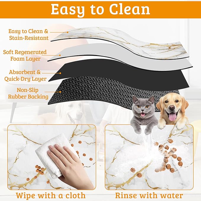 Abstract Marble Dog Food Mat,White Gold Absorbent Pet Feeding Mat for Food and Water Bowl,Quick Dry Dog Placemat Non Slip Rubber Backing Waterproof Pet Supplies 12" x 20"