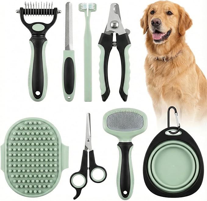 HamInWay 8-in-1 Pet Grooming Kit for Dogs & Cats – Includes Brushes, Combs, Nail Clippers & File – Professional Grooming Tools Set in Logo Bag – Safe, Gentle & Durable – Ideal for All Pet Sizes