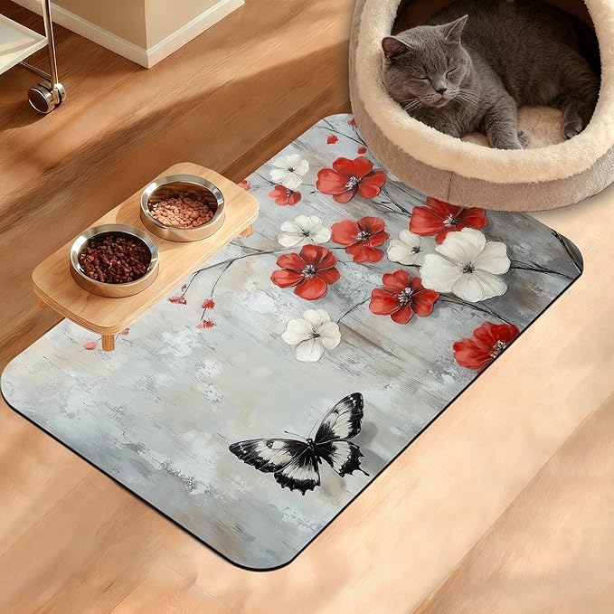 ButterflyFlowers Dog Cat Food Mat,Red White Absorbent Waterproof Placemat for Food and Water Non Slip Rubber Backing Durable Feeding Pad for Clean Floors 16" x 24"