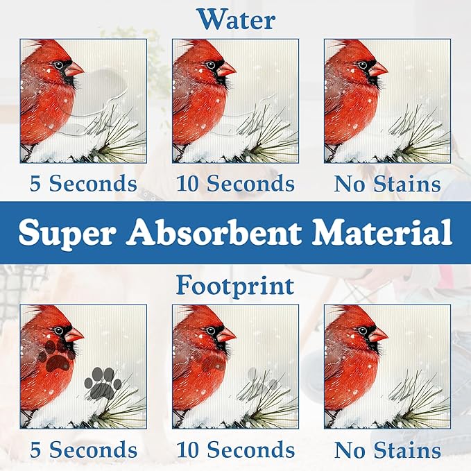 Cardinal Bird Dog Food Mat–Chirstmas Snow Absorbent Quick Dry Feeding Placemat for Food and Water Bowls, Non Slip Rubber Backing, Waterproof Pet Supplies for Mess-Free Eating 12"x20"