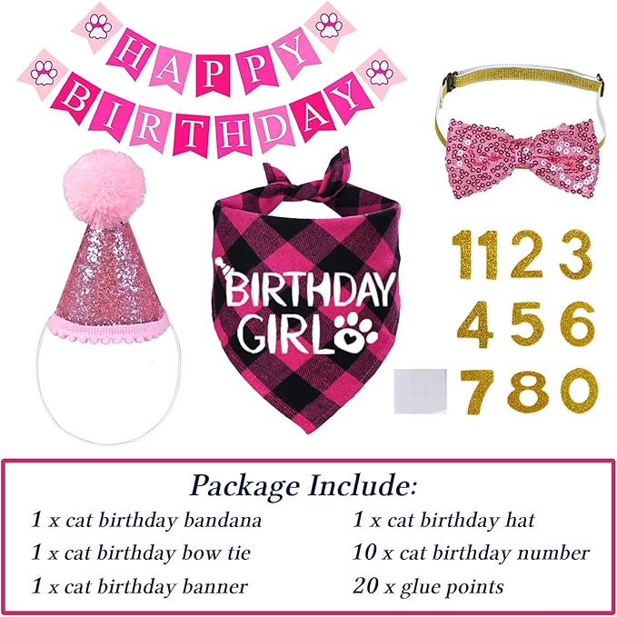 STMK Cat Birthday Decorations, Cat Birthday Hat with Numbers Bandana Bow Tie Collar Banner for Cats Kittens Outfits (Pink)
