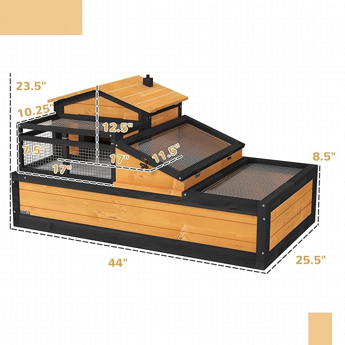 PawHut 3- Room Tortoise House Habitat with Balcony & 2 Stories, Indoor/Outdoor Wooden Tortoise Enclosure with Ladder, Tray, Openable Roof, Large Reptile Cage, 44" x 25.5" x 23", Yellow