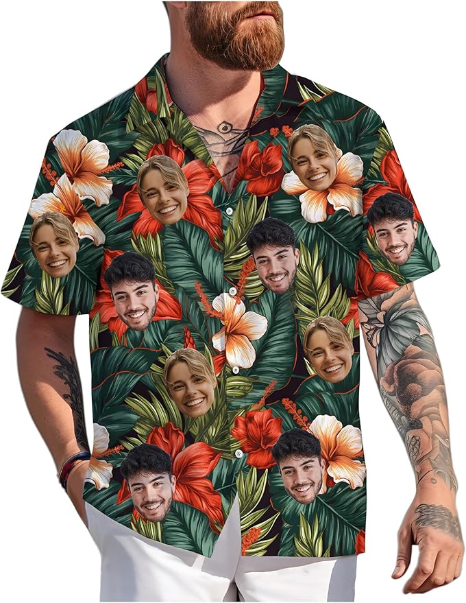 Custom Hawaiian Shirt with Face Photo Picture for Men Women Kids Youth Adult, Tropical Personalized Hawaiian Shirts Gift