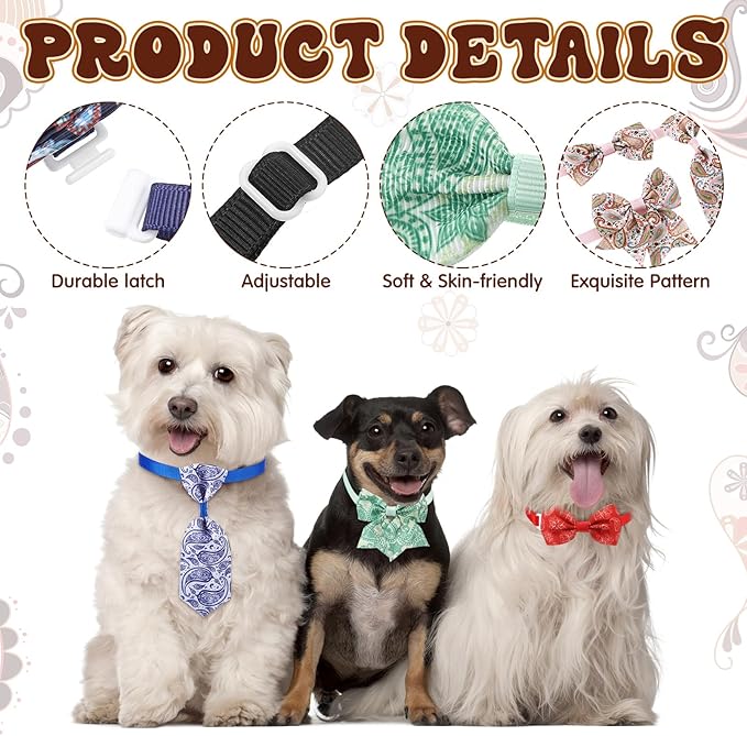 Reginary 100 Pieces Dog Bow Tie Collar Set Include 40 Dog Neckties, and 30 Puppy Bowties, 30 Collar Flowers, Adjustable Pet Ties Grooming for Small Medium Cats Pets Supply (Paisley)