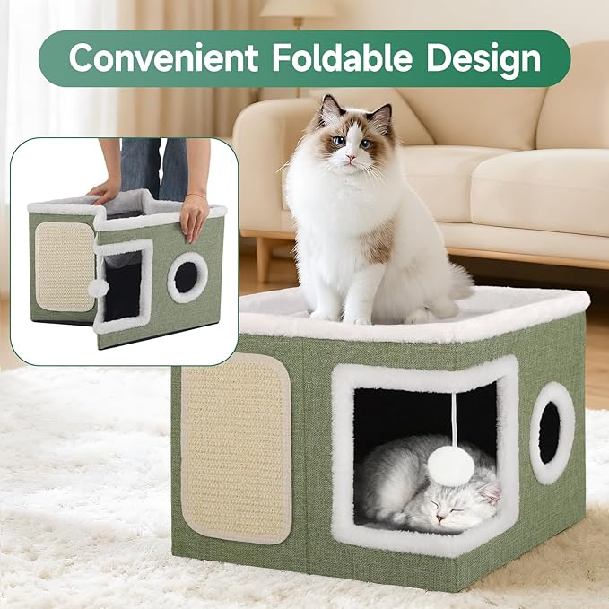 Shikha Cat Beds for Indoor Cats, Large Cat Cave with Cozy Condo, Fluffy Ball, Round Window, Foldable Indoor Cat House Hold Up to 30LBS, Cat Hideaway with Reversible Cushions for All Seasons, Green