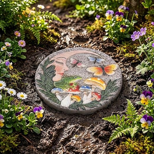 Garden Stepping Stones Outdoor, 9.8" Resin Frog Stepping Stone with Moon Butterfly Mushroom, Spring Decorative Round Walkway Gardening Gifts Home Decor for Outside Yard Pathway Patio Lawn