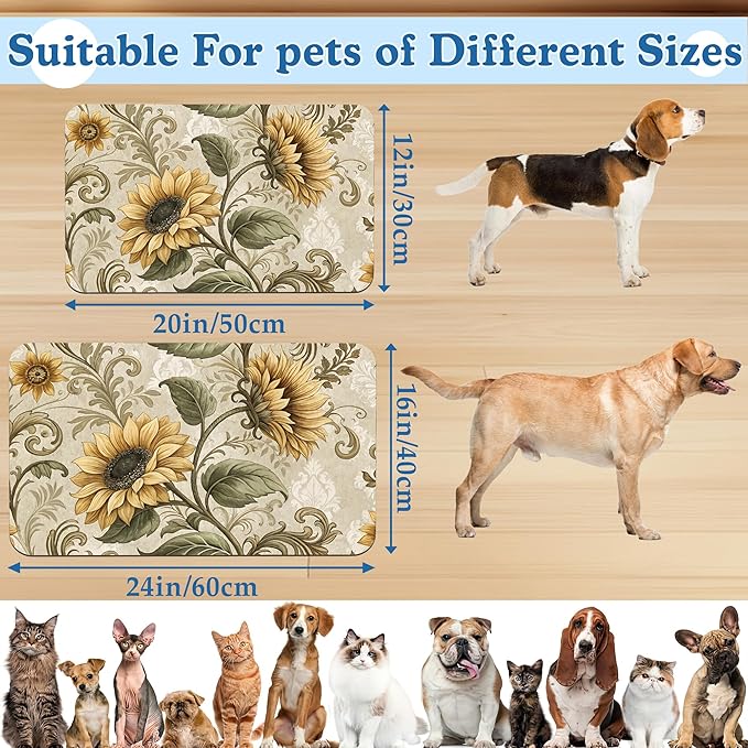 Vintage Sunflower Pet Feeding Mat for Floors–Christmas Stocking Absorbent Quick Dry Dog Cat Bowl Mat for Food and Water, Non Slip Waterproof Base, Mess-Free Feeding Accessories 12"x20"