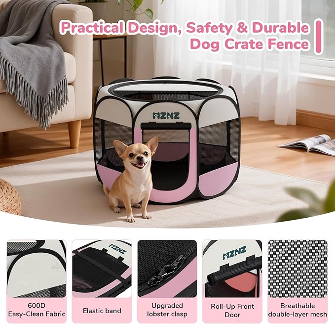 Dog Cat Playpen, Portable Puppy Pet Crate Indoor for Small Dogs Cats Rabbits, Foldable Dog Cage Enclosure for Outdoor, Pop Up Dogs Tent Kennel with Carrying Case, Pink