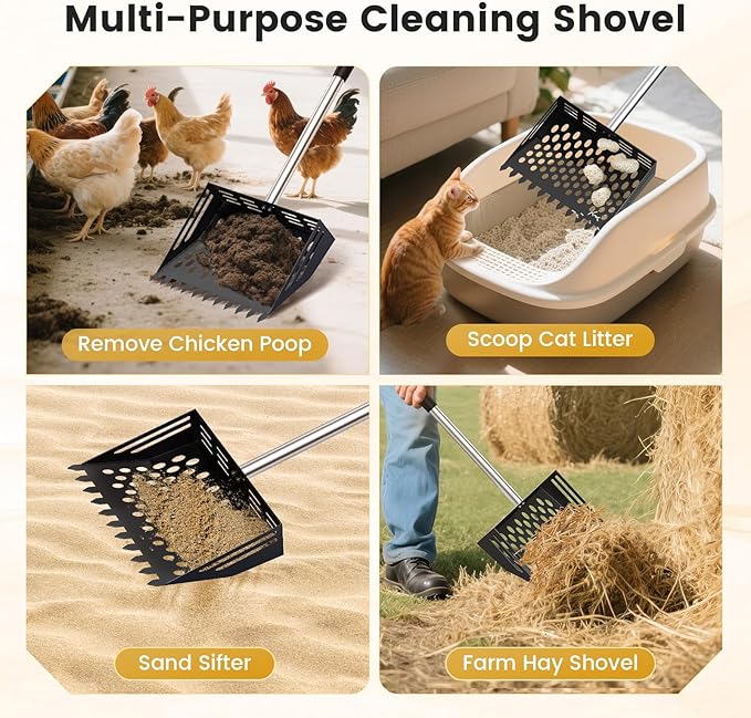 Chicken Poop Scooper and Rake, 2-in-1 Metal Sand Sifting Shovel with 24-68 Inch Adjustable Stainless Steel Handle, Cleaning Tools for Outdoor Chicken Coops, Farm Animals House
