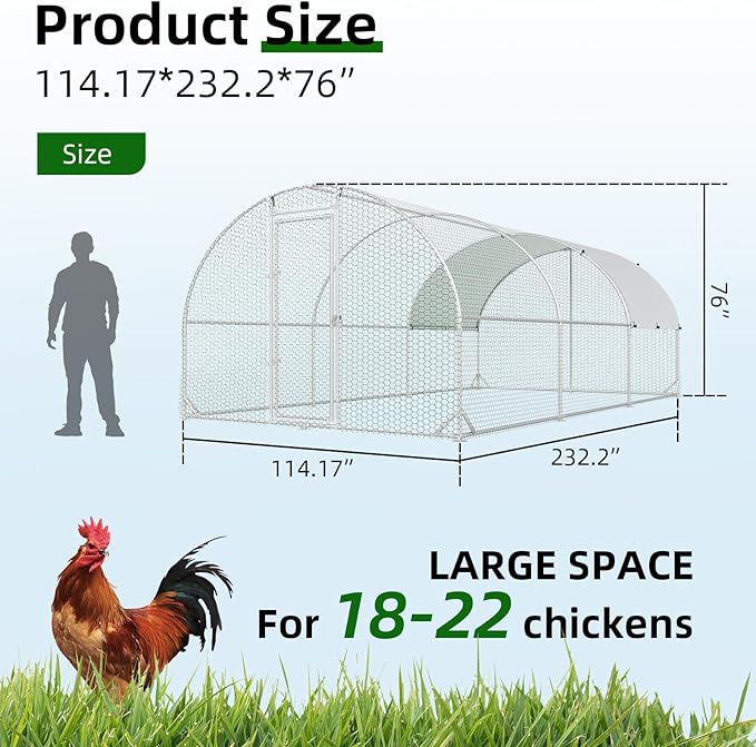4ever2buy Large Metal Chicken Coop with Run Walk-in Poultry Cage Chicken Runs House Pen Cage Dome Roofed Chicken Coops with Anti-Ultraviolet Cover for Outdoor Backyard Farm Use 9.5'W x 19.3'L x 6.3'H