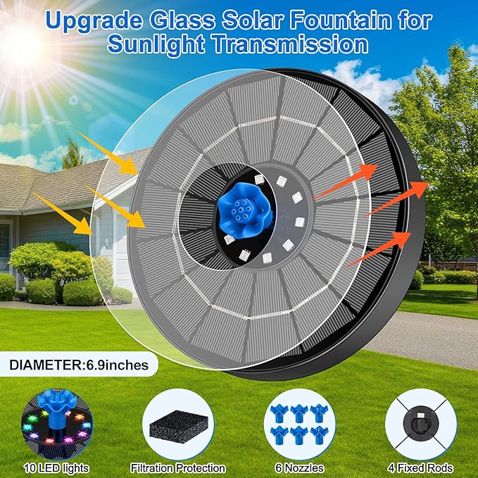 Solar Fountain Pump with 3 Spray Height Adjustments, Upgraded Glass Solar Bird Bath Fountains with LED Lights,6 Nozzles,Outdoor Solar Water Fountain for Bird Bath, Garden, Pool, Pond (Blue)
