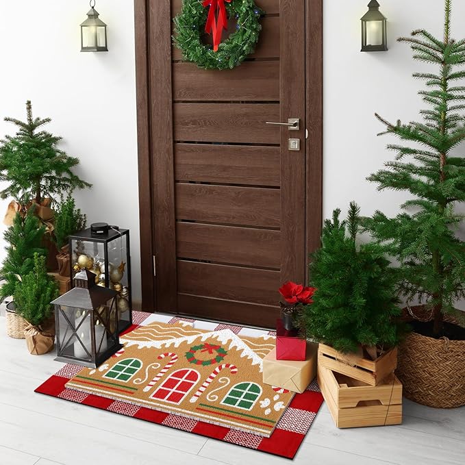Tinideya 2 Pcs Door Mat Welcome Non Slip Coir Mats Floor Layering Doormats Seasonal for Front Porch Entryway Decor(Gingerbread House)