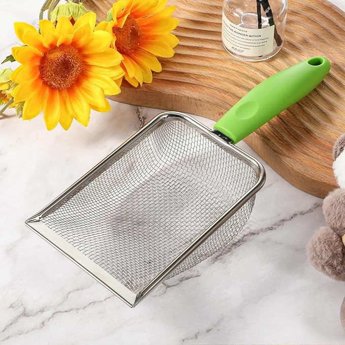 Stainless Steel Mesh Litter Shovel, Fine Mesh Metal Reptile Litter Cleaner Scooper, Green Non-Slip Handle Sifter for Lizard Substrate Reptile Terrarium Sand Waste