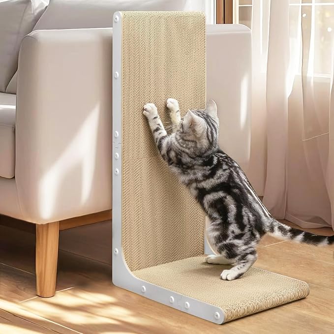 Cardboard Cat Scratcher,26 Inch L Shape Scratch Pad Wall Mounted,Vertical Scratching Board, Durable Cardboard to Protect Furniture for Indoor Cats,White Junbo