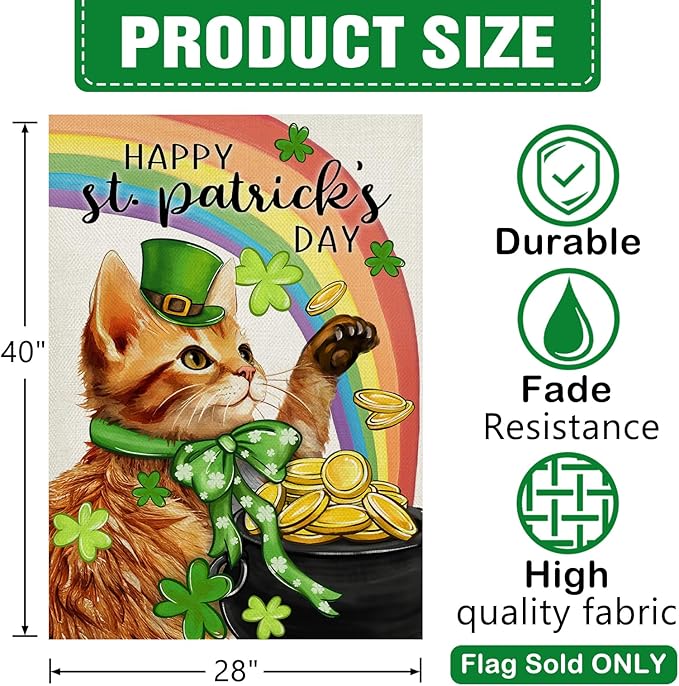 Dyrenson Happy St Patricks Day Orange Cat 28 x 40 House Flag Double Sided, Pet Rainbow Pot of Gold Garden Yard Decoration, Spring Irish Shamrock Clover Burlap Outdoor Decor Decorative Large Flag