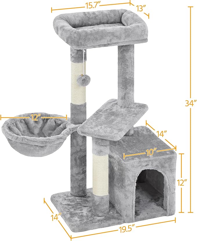 Topeakmart Cat Tree Tower for Indoor Cats, 34.5in Cat Activity Center with Condo & Scratching Post, Cat Climbing Tower Play House w/Large Perch, Platform, Basket for Kitten, Light Gray