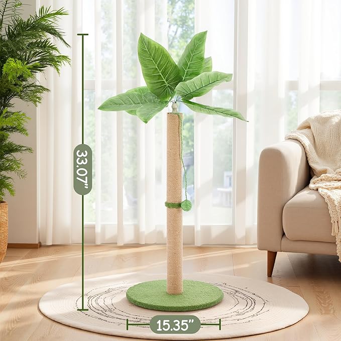 DUMOS Small 33inch Cat Scratching Post for Indoor Cats, Cat Scratcher Scratching Posts with Dangling Ball for Adult, Palm Tree Cat Scratch Post for Kittens, Green