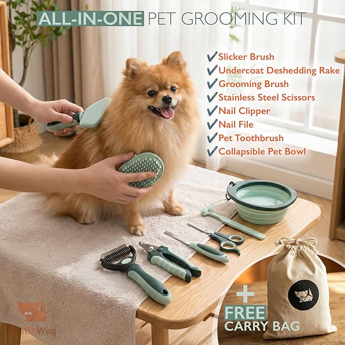 HamInWay 8-in-1 Pet Grooming Kit for Dogs & Cats – Includes Brushes, Combs, Nail Clippers & File – Professional Grooming Tools Set in Logo Bag – Safe, Gentle & Durable – Ideal for All Pet Sizes