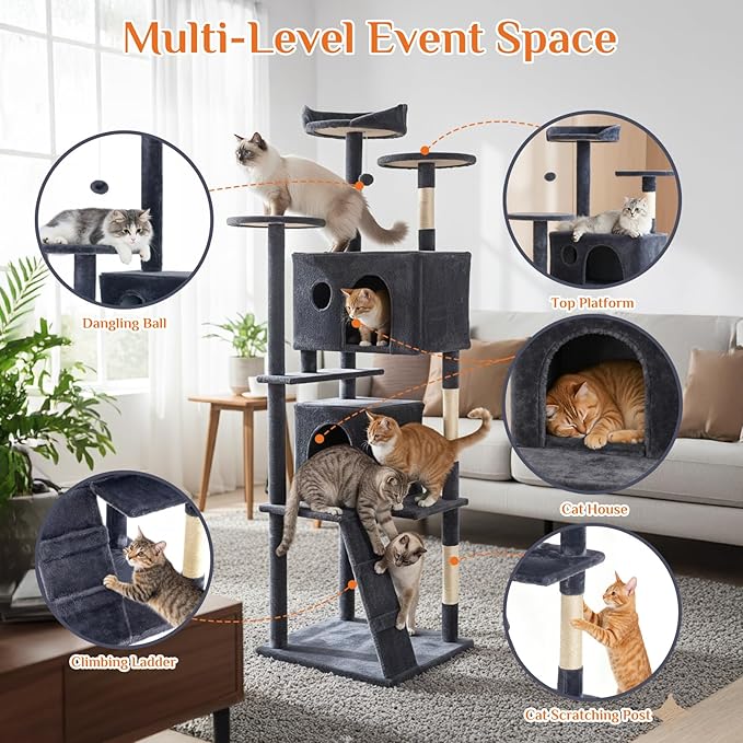 Large Cat Tree 70 Inch, Multi-Level Cat Tree Tower with Condo, Perches, Sisal Scratching Posts and Climbing Ladder, Pet Play House with Dangling Balls for Indoor Cats, Dark Grey