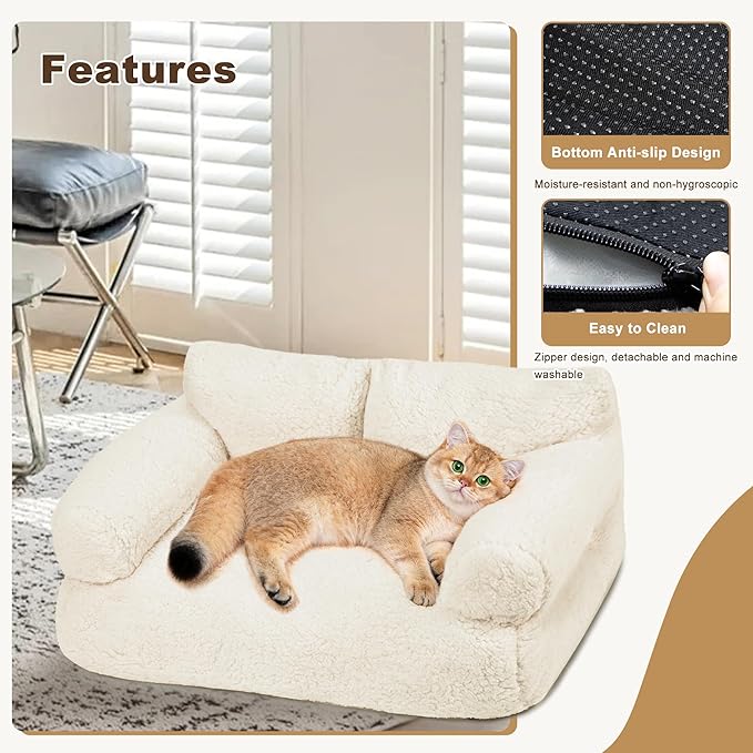 Large Cat Beds for Indoor Cats, Dog Couch Bed, Cute Cat Couch Sofas for Less 20lbs Kitten Puppy, Small Dog Sofas & Chairs with Removable Washable Cover, Soft Warm Pet Furniture, Cream