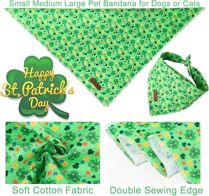 St. Patrick's Day Dog/Cat Kerchief, Shamrock Triangle Bid Scarf for Small/Medium Pets, Cotton Green Bandana for Girl/Boy Dogs or Cats