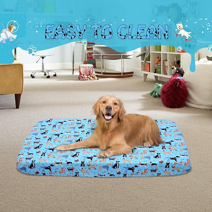 Dog Bed Covers Replacement Washable, Elastic Edged Pet Bed Protector with Cute Dog Pattern Design for Small & Medium Pet Beds, Cover Only (Blue, 36x27x6 Inch)