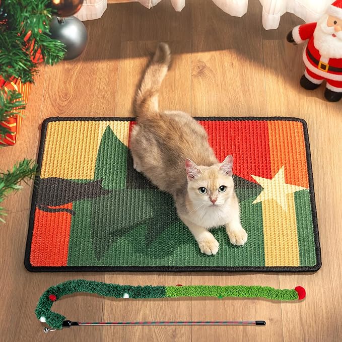 Cat Scratcher Mat,Sisal Cat Scratch Pad,Horizontal Floor Cat Scratching Pads Rug for Indoor Cats,Protector for Wall&Carpets&Sofas,Kitty Xmas-Gift, Includes Cat Toy (M, Christmas)