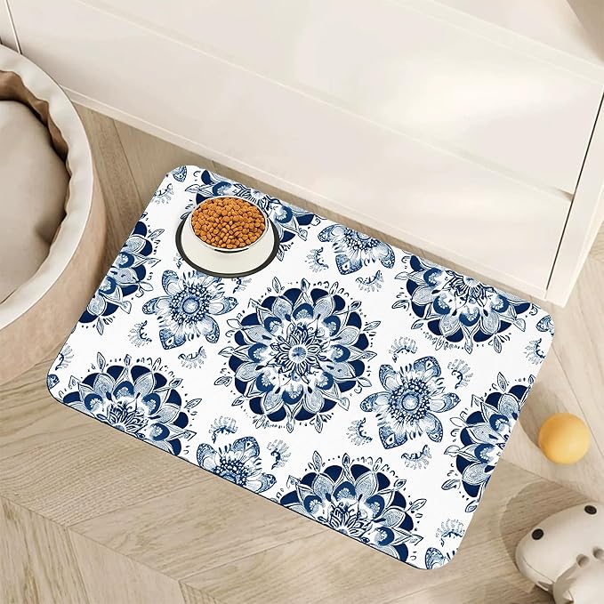 Mandala Flower Dog Food Mat for Floors,Blue Boho Floral Absorbent Quick-Dry Pet Feeding Mat,Cat Dog Bowl Mats for Food and Water,Non-Slip Pet Accessories Supplies 12"x20"