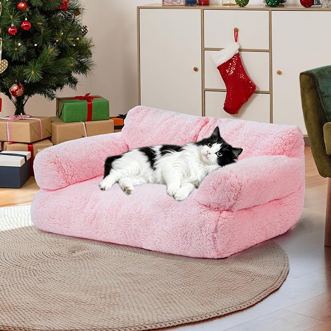 Large Cat Beds for Indoor Cats, Dog Couch Bed, Cute Cat Couch Sofas for Less 20lbs Kitten Puppy, Small Dog Sofas & Chairs with Removable Washable Cover, Soft Warm Pet Furniture, Light Pink