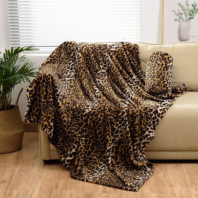 Bnuitland Leopard Print Flannel Blanket, Large Size 108x90 Inches with Storage Pouch for Bed Couch Travel, 300 GSM Double Sided Cheetah Print Super Soft Fuzzy Fluffy Fleece Blanket for Adults