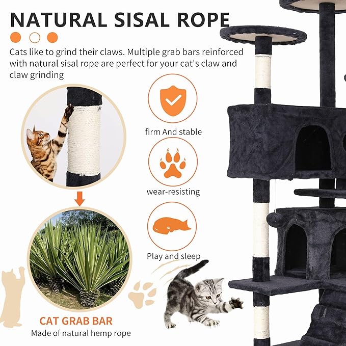 Cat Tree for Indoor Cats, Multi-Level Cat Tower with Scratching Posts & Cozy Condo, Space Saving Cat Activity Center, Durable Pet Play House (54in,Dark Gray)