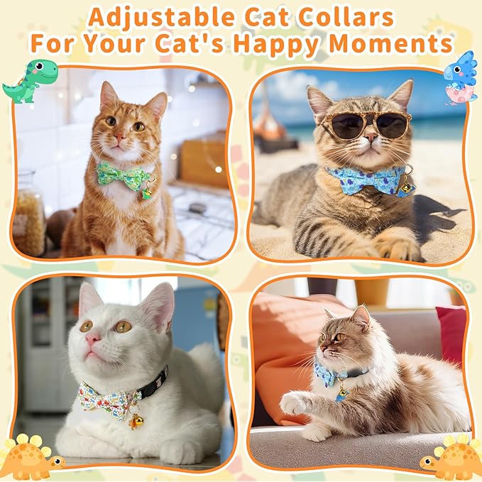 3 PCS Cat Collars with Bow Tie and Bell, Cat Collars Dinosaurs Pattern Breakaway Adjustable Cat Bow Tie Collars, Cute Bow Tie Suitable for Kittens Or Certain Puppies