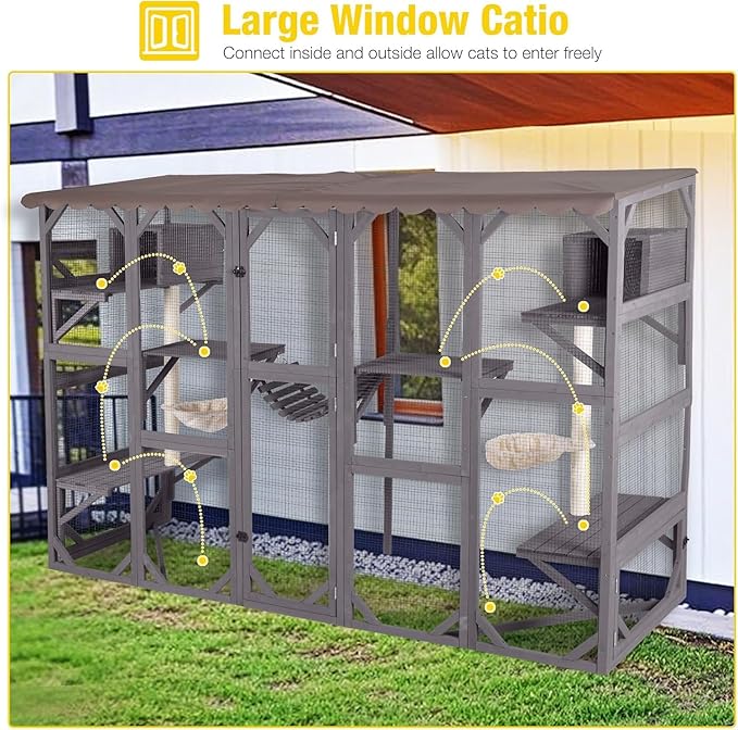 Aivituvin Catio Outdoor Cat Enclosure Window, Wall-Mounted Large Walk-in Cat Playpen with Scratch Posts, Basket, Platform, Bridge and Sleeping House— Safe, Weatherproof Cats Patio for Multiple Cats